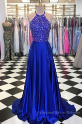 Luxurious Crystal Halter Semi Formal Prom Dresses Long Satin Leg Split Evening Gowns